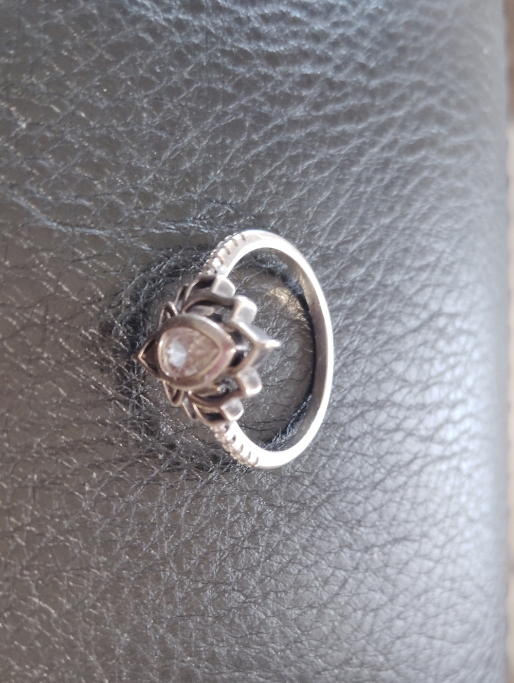 Silver Lotus Teardrop Ring with Clear Stone